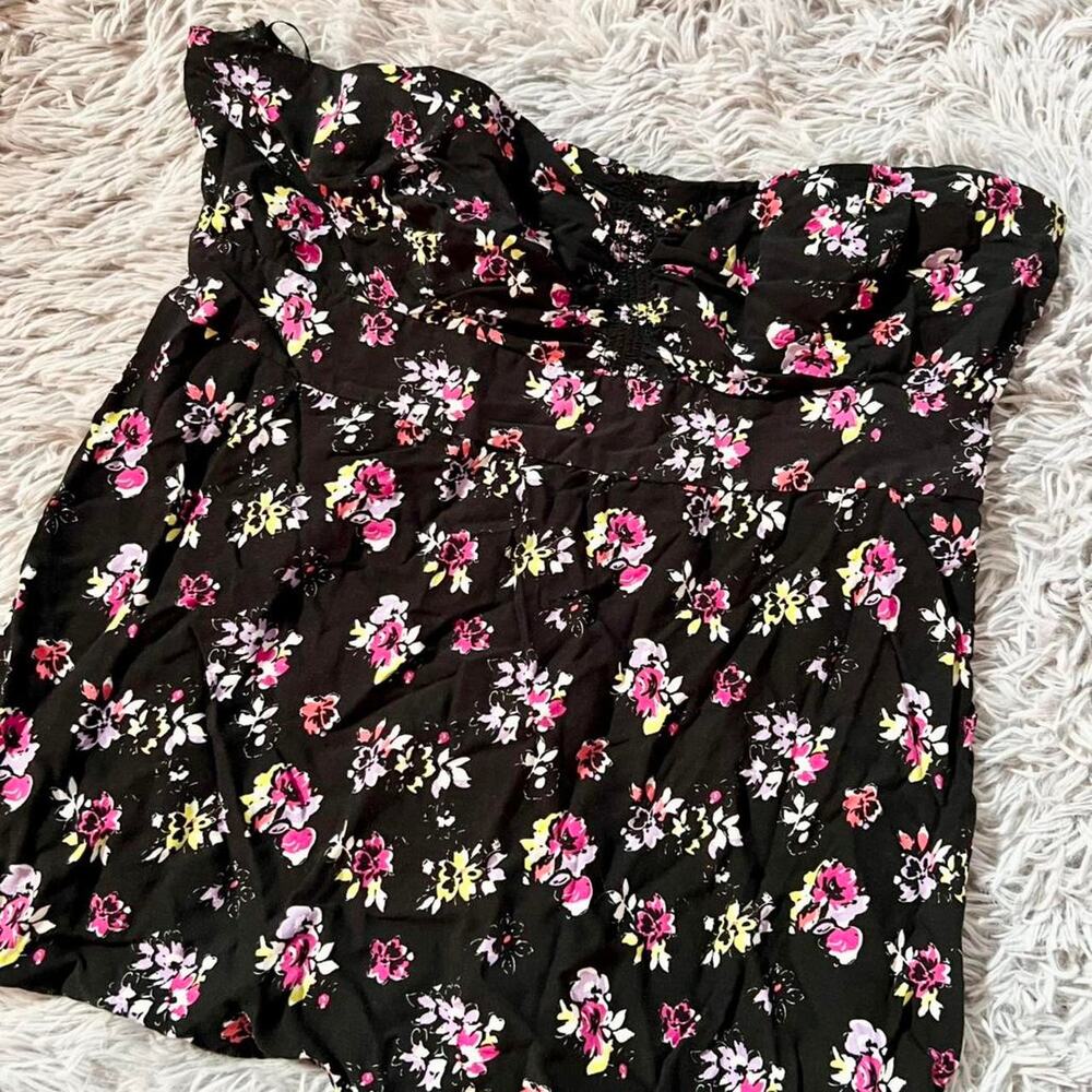 Black floral Strapless‎ Cottage Core Fairy Whimsygoth Goth Shirred Back Top
